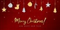 Christmas and New Year banner with glitter golden and silver decoration at red knit texture. Holiday knitted background